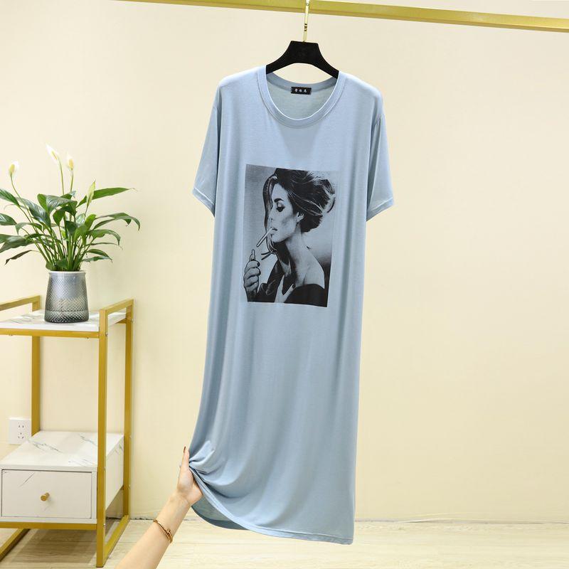 

Модальное платье-комбинация с круглым вырезом, женское летнее повседневное платье большого размера с коротким рукавом, тонкое, свободного кроя, домашняя одежда, ночная сорочка Light blue L (Recommendation 55.00 kg-65.00 kg