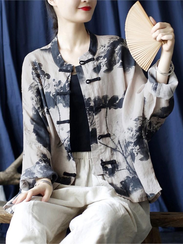 

Johnature женские рубашки рами в китайском стиле с длинными рукавами и пуговицами, свободные осенние блузки, рубашки с принтом чернильной стирки One Size чёрный
