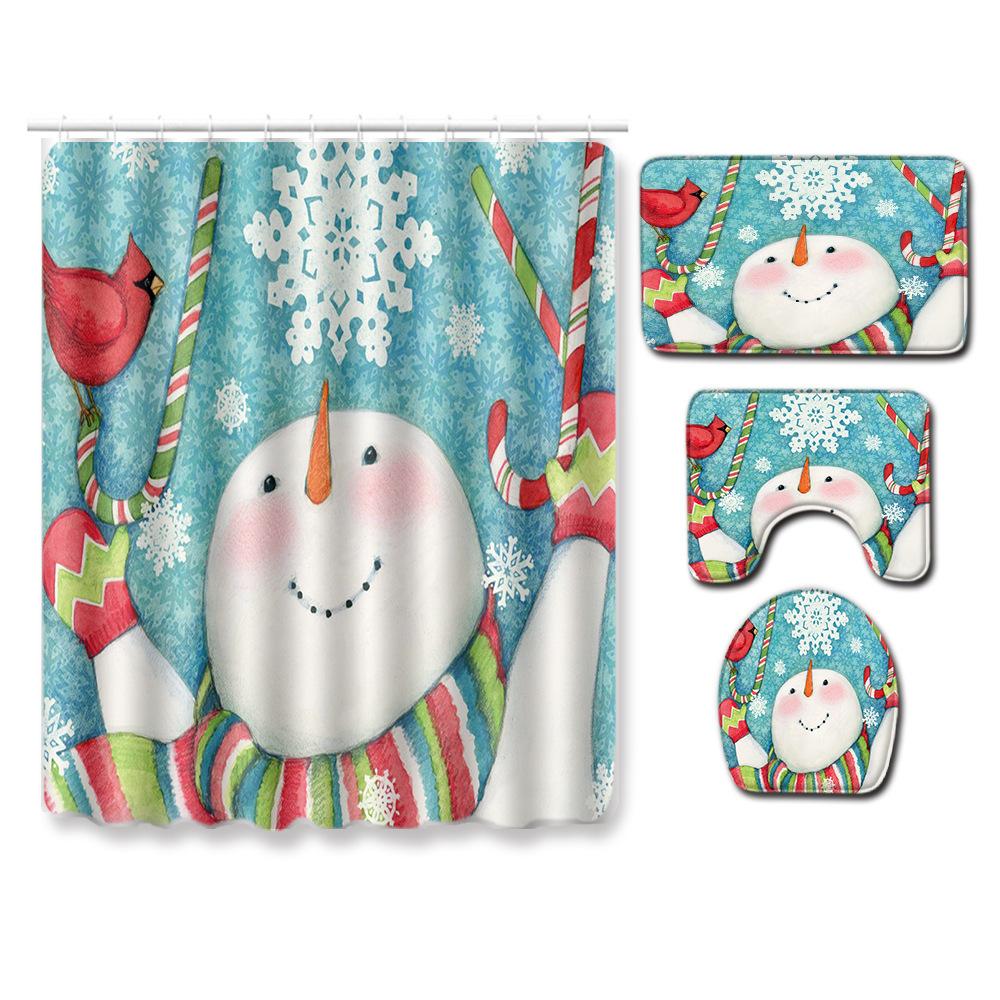 Christmas Shower Curtain Floor Mat Combination Four-Piece Set Bathroom Toilet Carpet Shower Room Mat Foot Mat