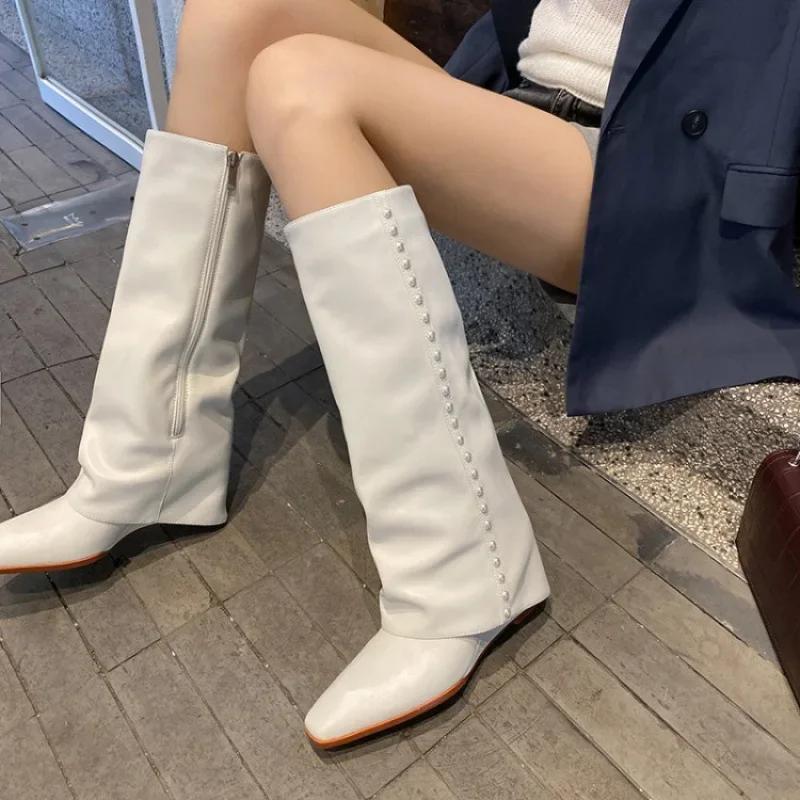 Pearl Pants Knee High Boots Square Head Wedge Heel High Heel Sleeve Boots Sexy Women's Boots Fashion Casual New