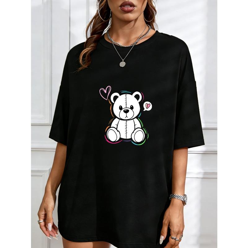 Cotton T Shirt White Teddy Bear With Rainbow Hearts Print Casual Daily Wear For Women S