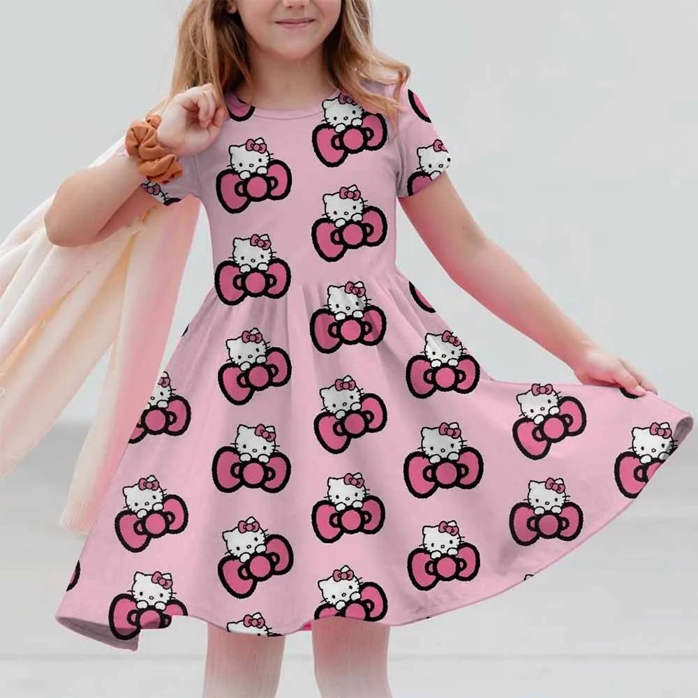 New Summer Dress Fashion Cartoon Cute Hello Kitty 3D Print Dresses Kids Short Sleeve Princess Girls Party Children Clothes