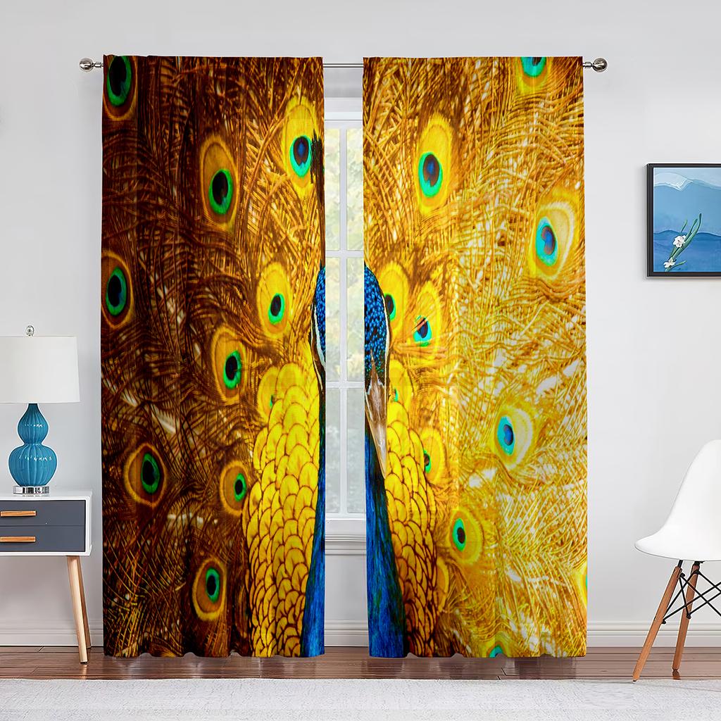 Peacock Green Feathers Birds Animals Skin Tulle Curtains for Living Room Bedroom Decoration Chiffon Sheer Voile Window Curtain