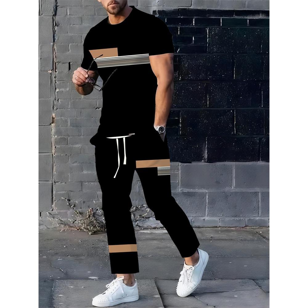 New Summer Men's Sports Suit Men's Round Neck Splicing Printed Short-sleeved T-shirt Loose Pants Two-piece Set Streetwear
