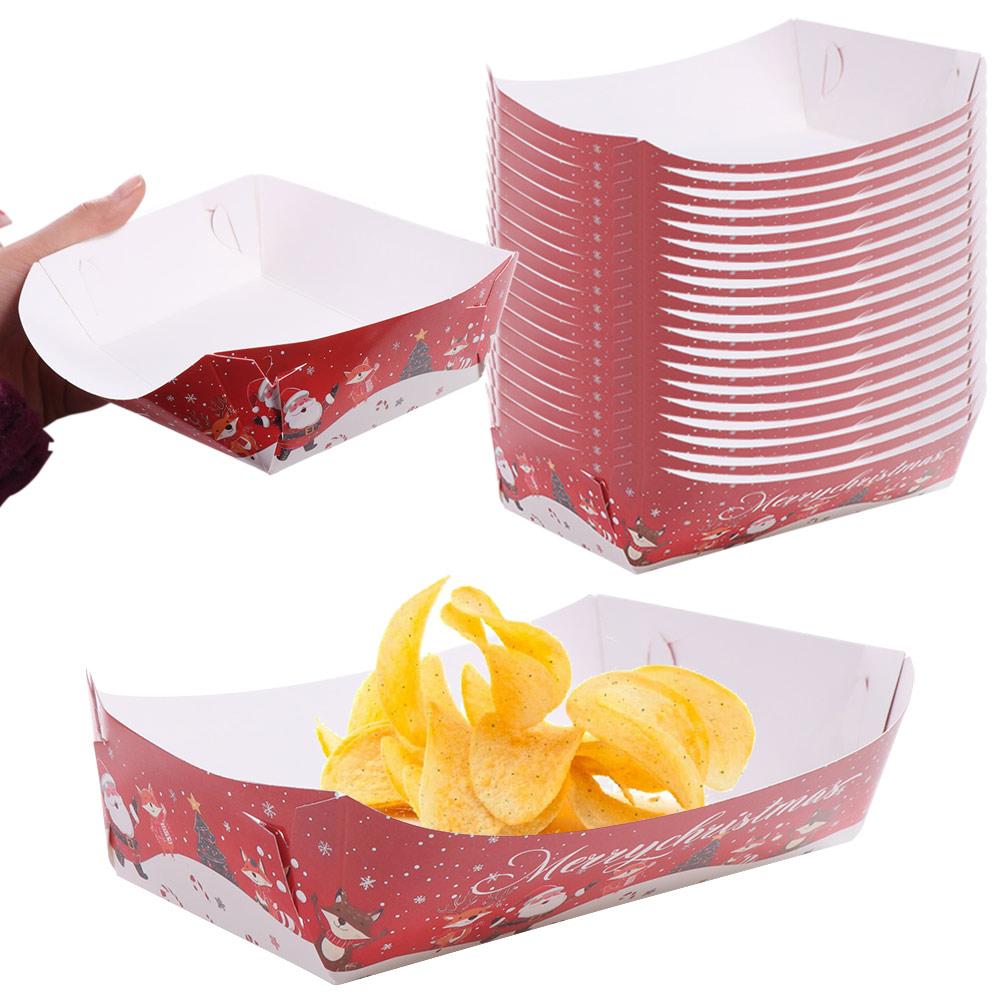 20Pcs Creative Christmas Paper Food Tray Paper Thickened Disposable Paper Tray Household Red Fast Food Package Box Tableware