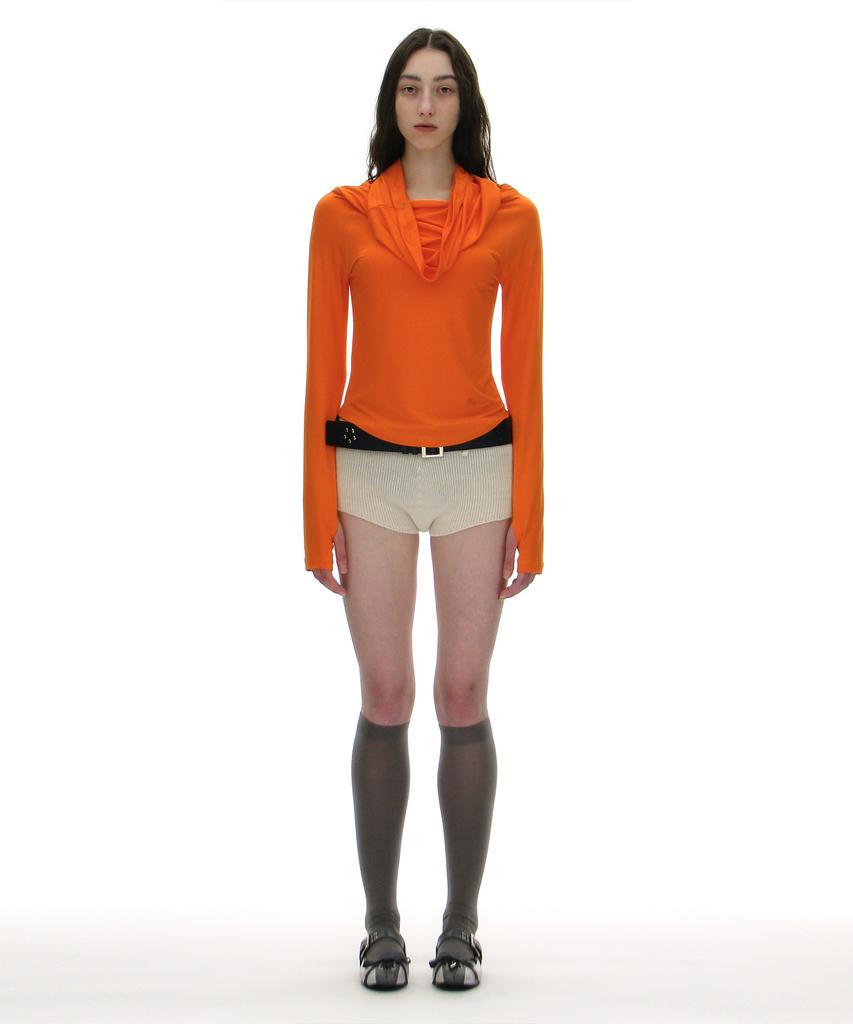 PARTIMENTO WOMEN 3-Way Cowl Neck Long Sleeve Tee_Orange