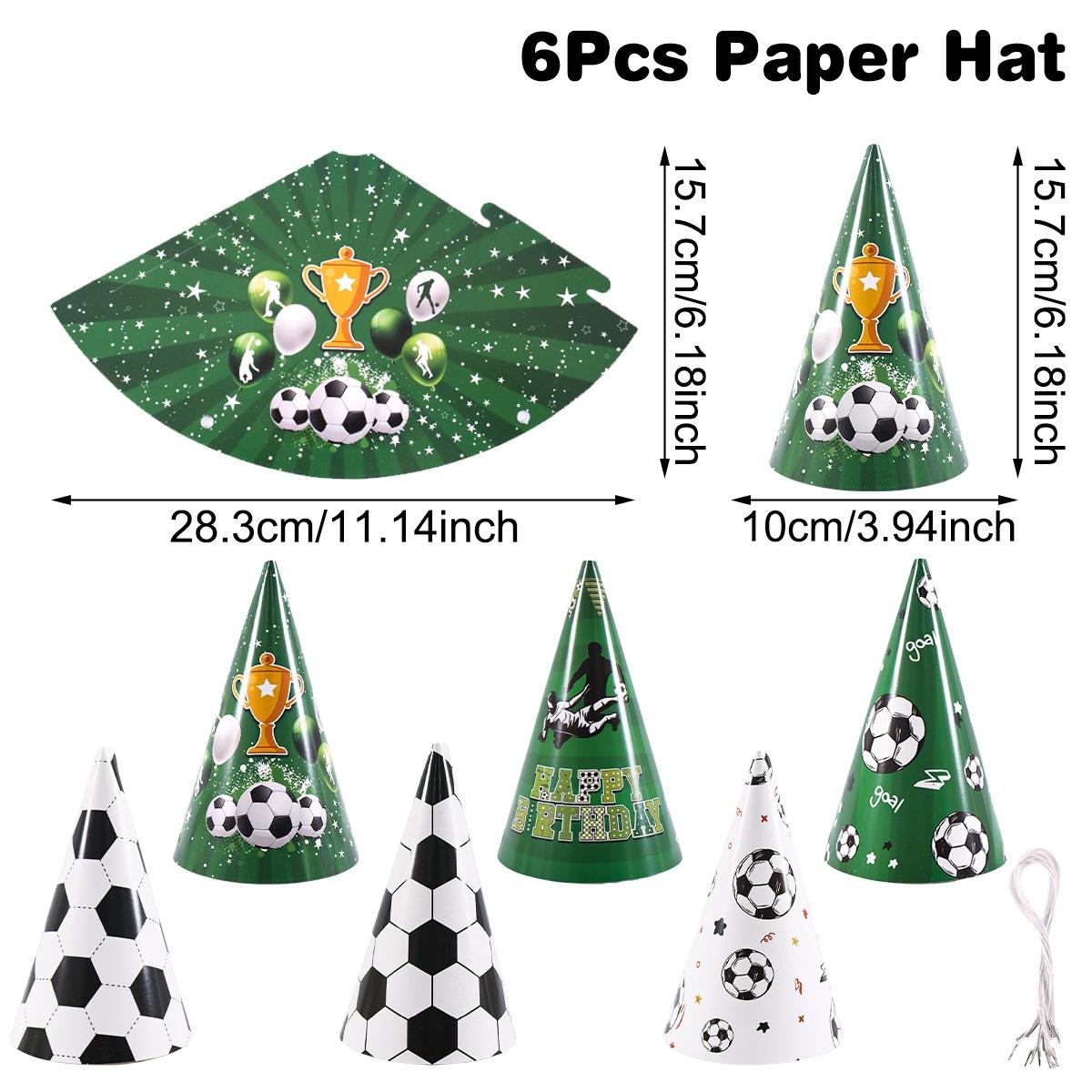6pcs Soccer Paper Party Hat White Green Cone Hat with Elastic String for Football Theme Party Supplies Soccer Events Decorations