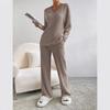 2025 Autumn Women's Cross-border Casual V-neck Rib-knit Set with Loose Straight-leg Pants