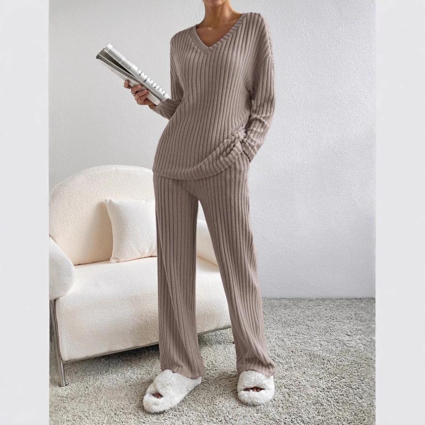 2025 Autumn Women's Cross-border Casual V-neck Rib-knit Set with Loose Straight-leg Pants