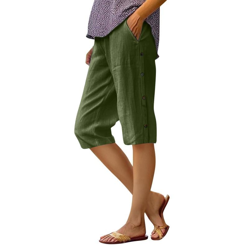 Women's Olive Green Linen Blend Capri Pants with Side Button Detail Casual Loose Summer Trousers