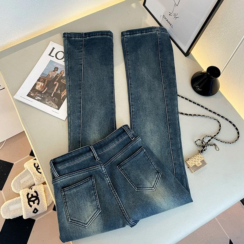 Elastic Women's High-Waisted Micro-Flare Jeans, Patchwork Blue-Gray, Floor-Length Bell Bottom.