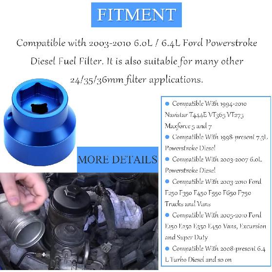 Oil Filter Socket 24mm / 36mm Reversible Fuel Filter Cap Remover and taller Assistant Compatible with 6.0L / 6.4L Ford Powerstroke Diesel