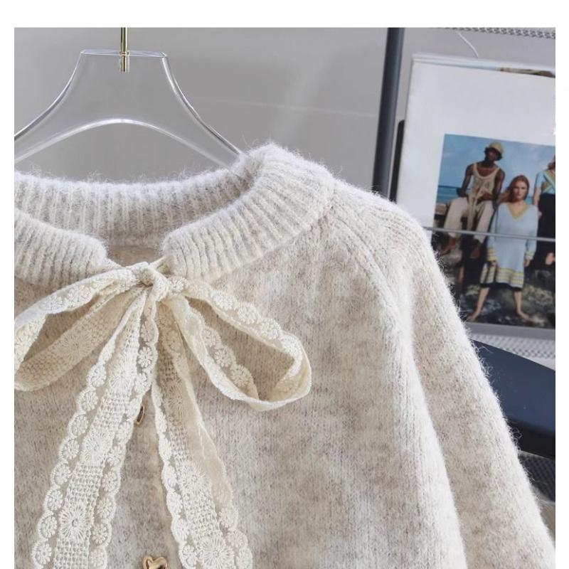 Butterfly bow ribbon women's cardigan Round neck solid color women's knitted sweater Woman long sleeved Korean style casual warm top
