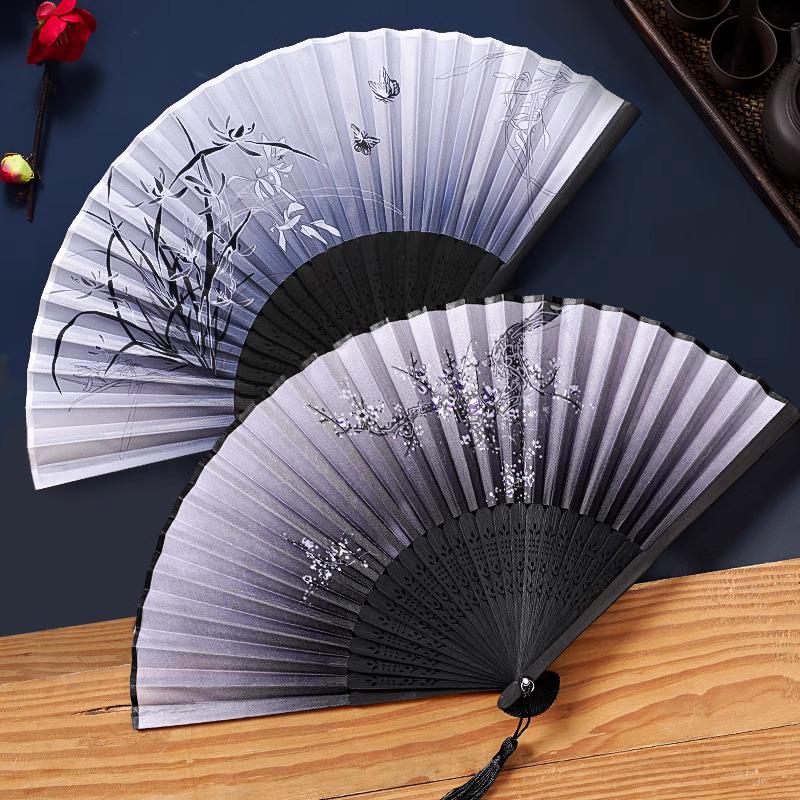 Ancient Chinese Style Black Bamboo Folding Fan for Women's Hanfu Dance Costume