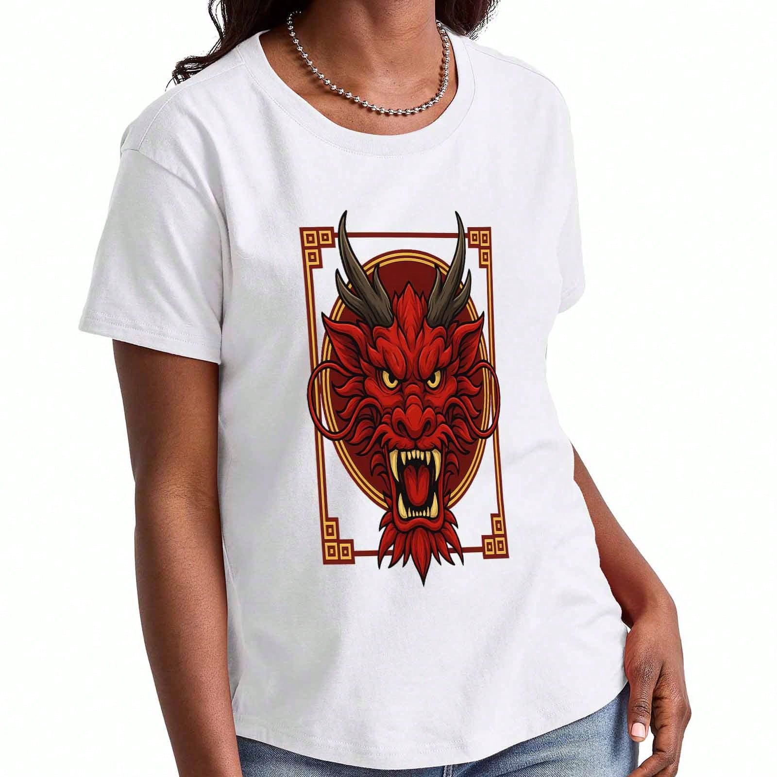 Dragon Head Ladies Cotton T Shirt, Pure Cotton Premium Print,Durable,Casual And Stylish, Red Dragon Head Graphic Tee,Traditional Chinese Dragon Patter S разноцветный