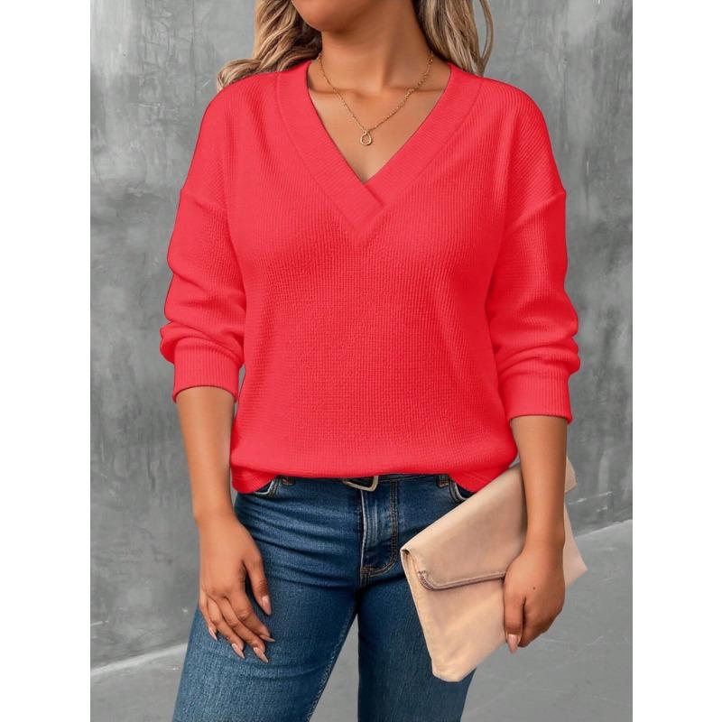 JPNTKY Women's Fashion Casual Solid Color Print V-Neck Long Sleeve Blouses & Shirts