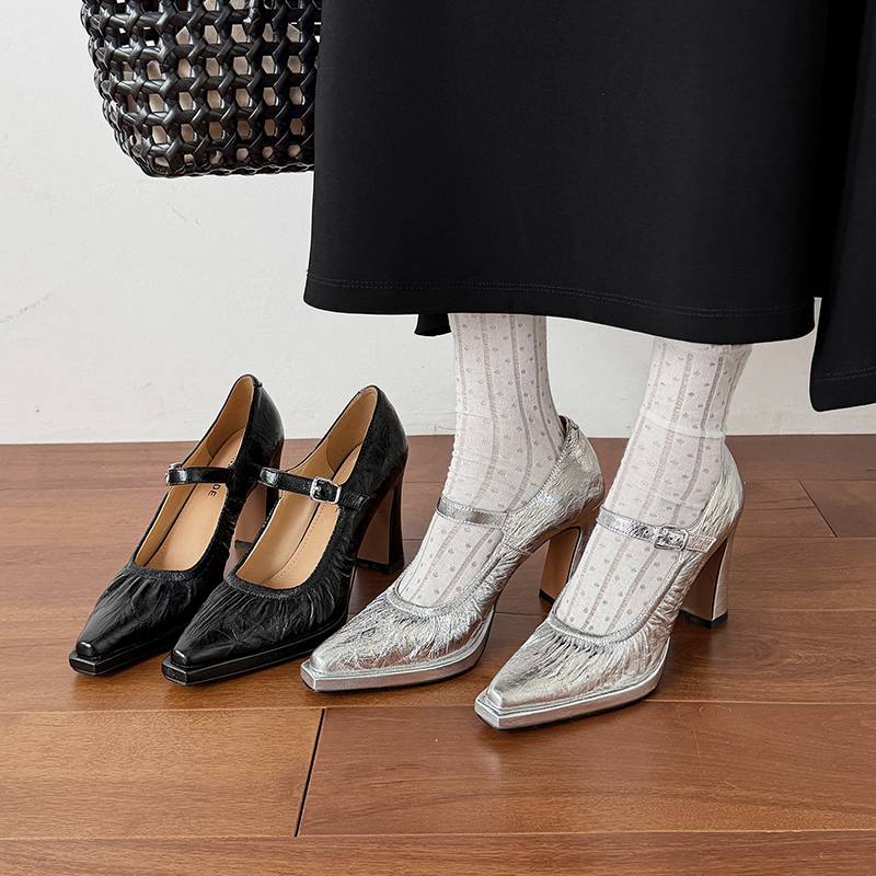 Krazing Pot Suede Sheepskin Square Toe High Heels Summer Solid Color Shoes Big Size 41 Buckle Women Modern Pumps