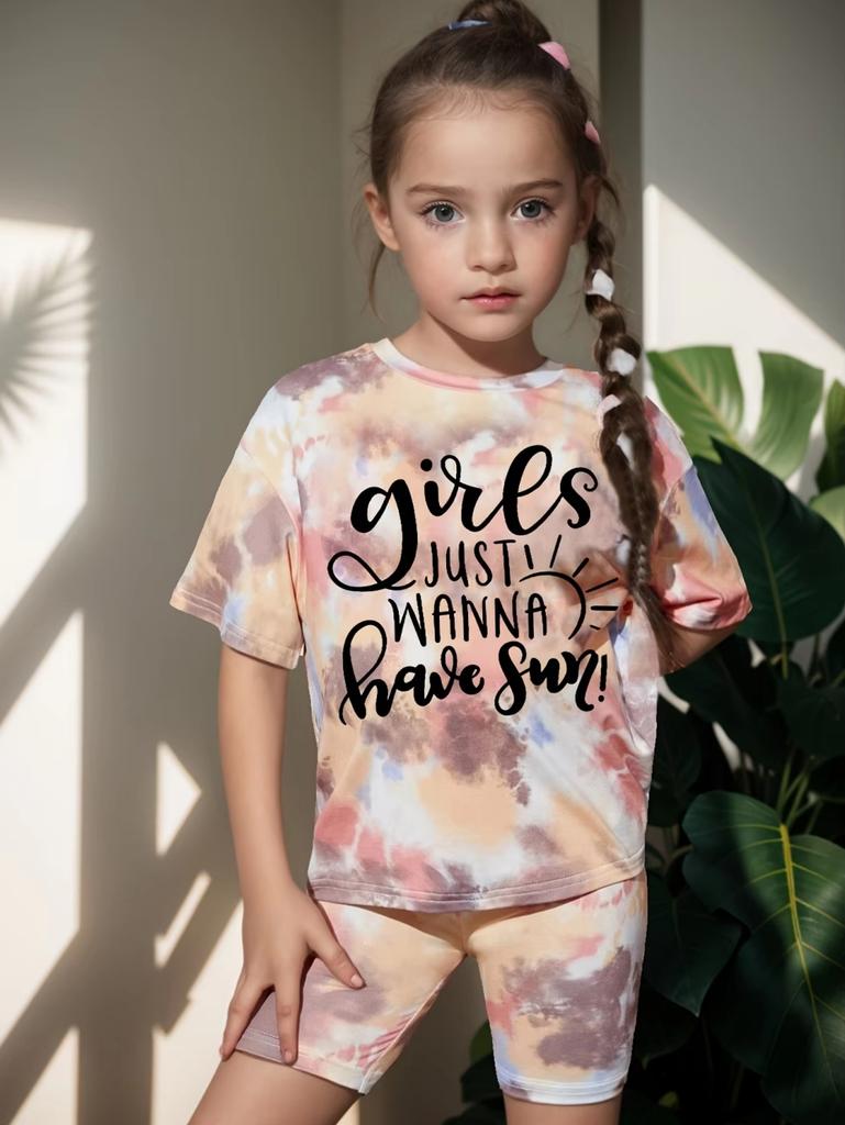 Girls Set Cute Tie Dye 3D Print Summer Children's Short Sleeve Shirt Casual O-Neck Tee Outdoor Loose Comfortable Children's Suit