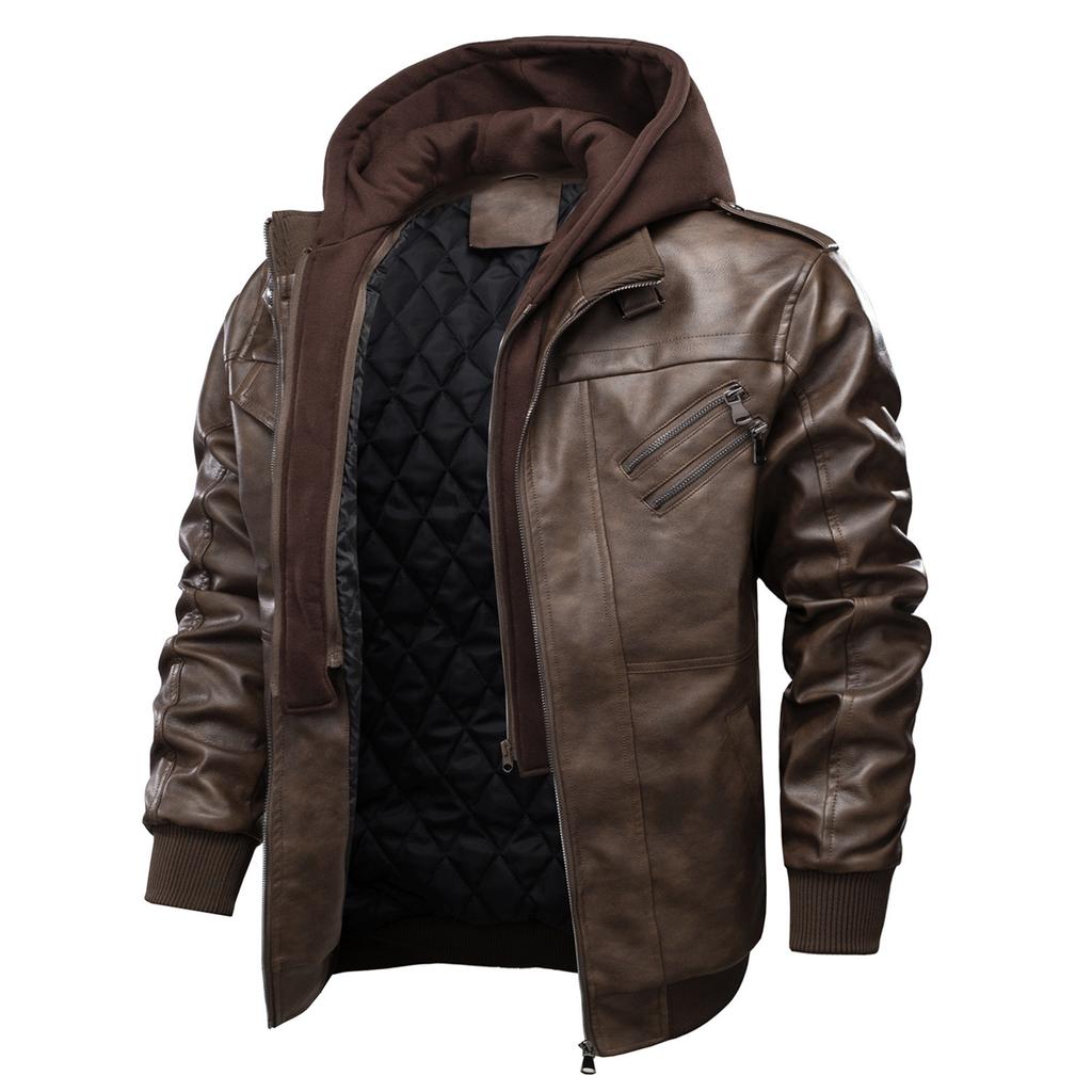 Men's Leisure Motorcycle  Leather Jacket With Cotton Warm Jacket Thickened Detachable Hooded Large Jacket