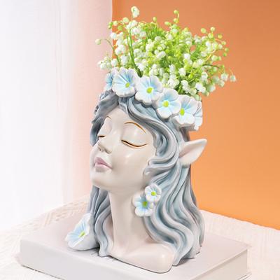 Yousheng Fairy Head Planter Angel Girl Face Flower Pot Resin Decorative Vase Indoor Cactus Pot for Home Office Desk Garden