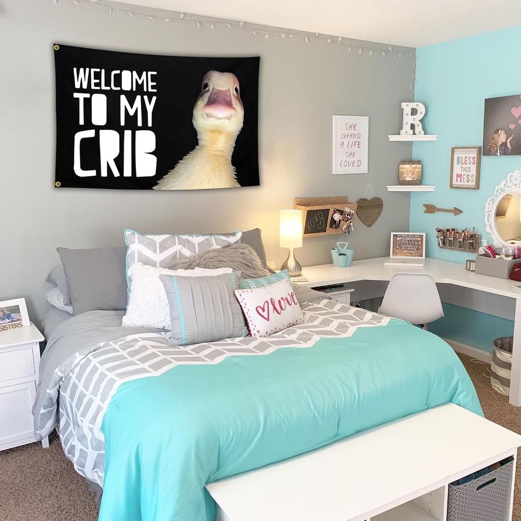 Welcome to My Crib Duck Flag 3x5 Ft Funny Tapestry Flags for Bedroom Room Guys College Dorm Cool Meme Flags Posters Banners for Room Man Cave Wall