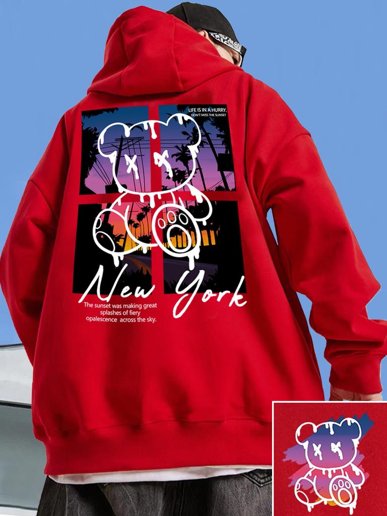 New York Art Word Cartoon Bear Sunset Scenery Design Male Clothing Hip Hop Street Hoodies All-Match Pocket Pullovers Men Hoody