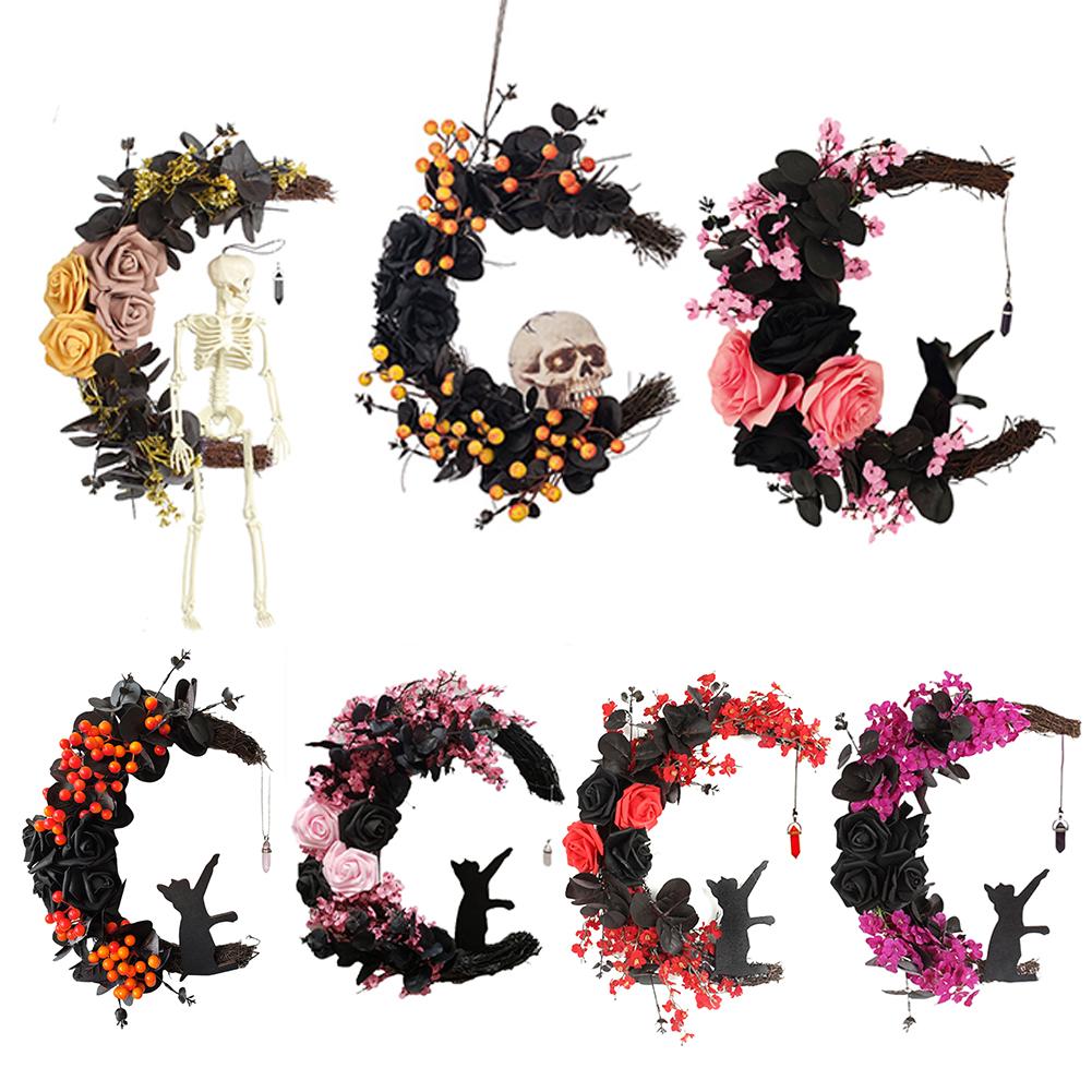 Halloween Wreath with Skull Black Roses Rose Grapevine Garland Handmade Artificial Moon Cat Garland Goth Roses Black Cat Garland