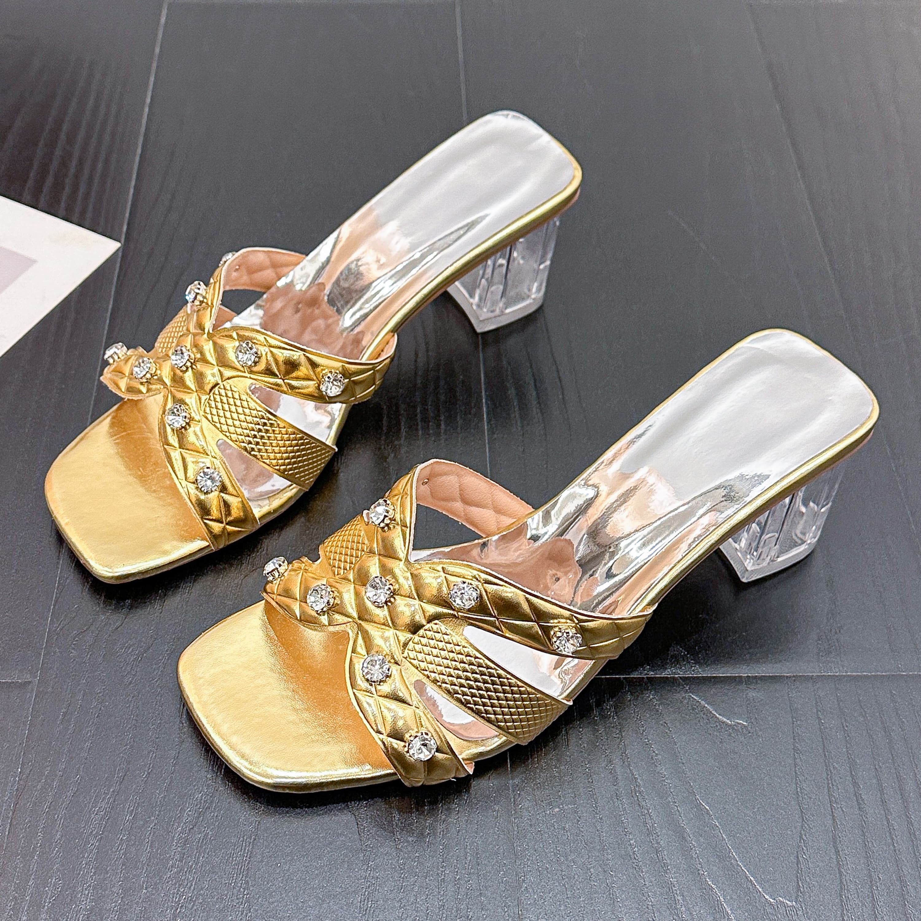

Rhinestone High-heeled Shoes for Women To Wear in Summer 2026 New All-match Fashion Temperament Thick Heel Cool Mopping 35 золотой