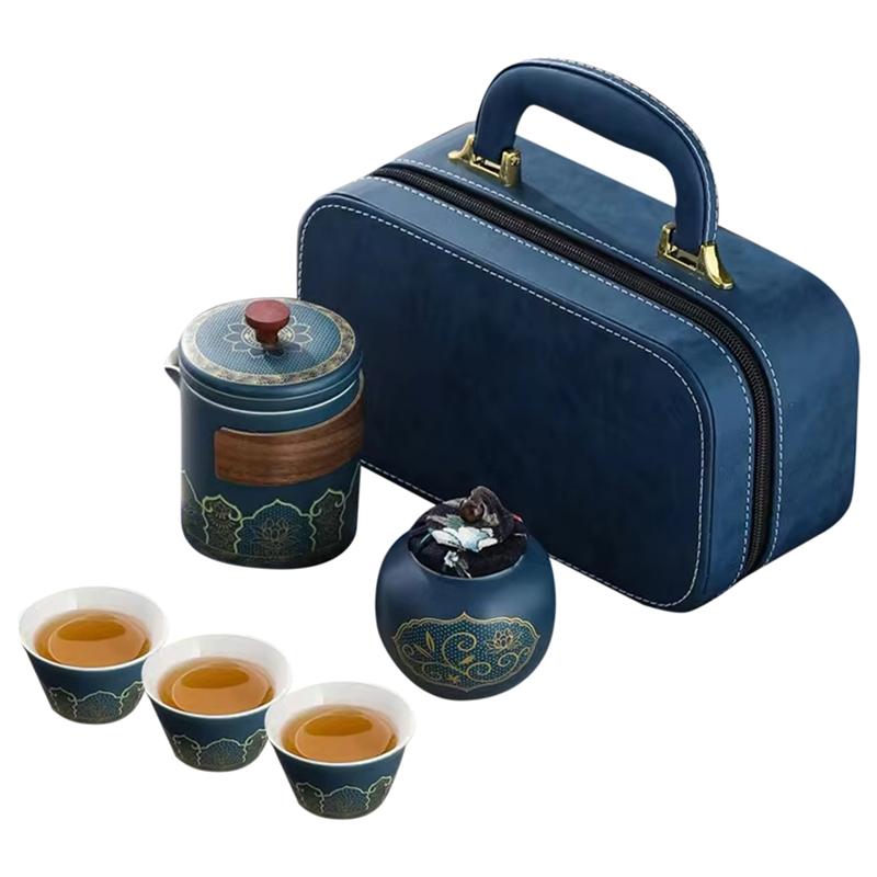 A95I- Teapot Travel Tea Set 1Set Portable Quick Cup Tea Canister Leather Bag Outdoor