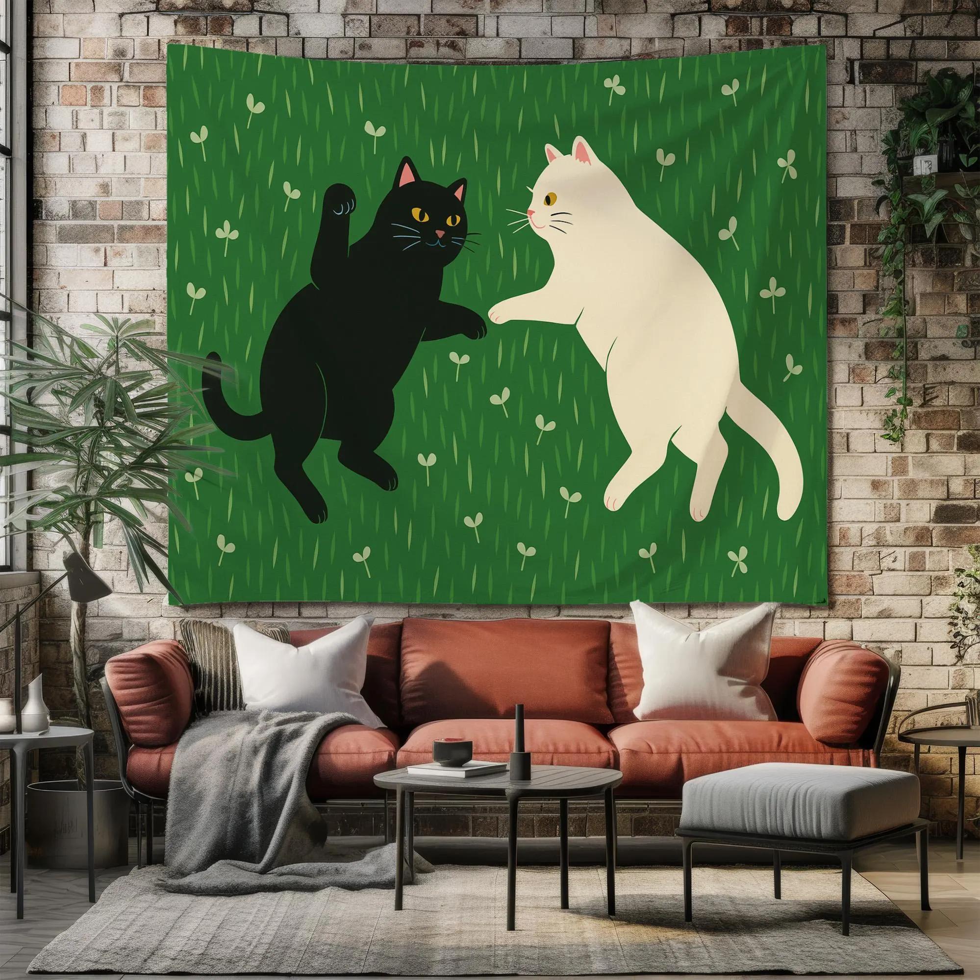 ins Style Black And White Cat Tapestry Forest Healing Background Cloth Living Room Atmosphere Room Decoration 100X70CM