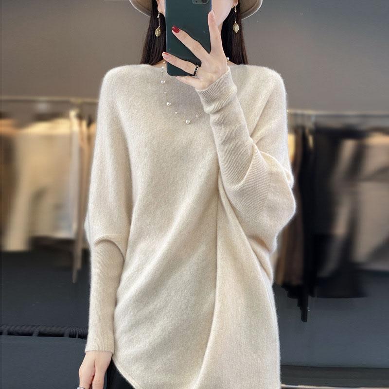 Spring Autumn Women Long Sweater Merino Wool Knitted Sweater Fashion Casual Lady O-NeckPullover Loose Women Bat Shirt