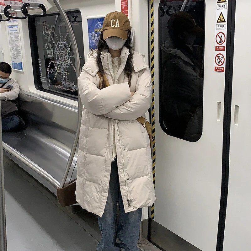 Mid-length Cotton-padded Jacket for Women in Winter Korean Style Loose Casual Hooded Thickened Warm Over-the-knee Cotton Jacket