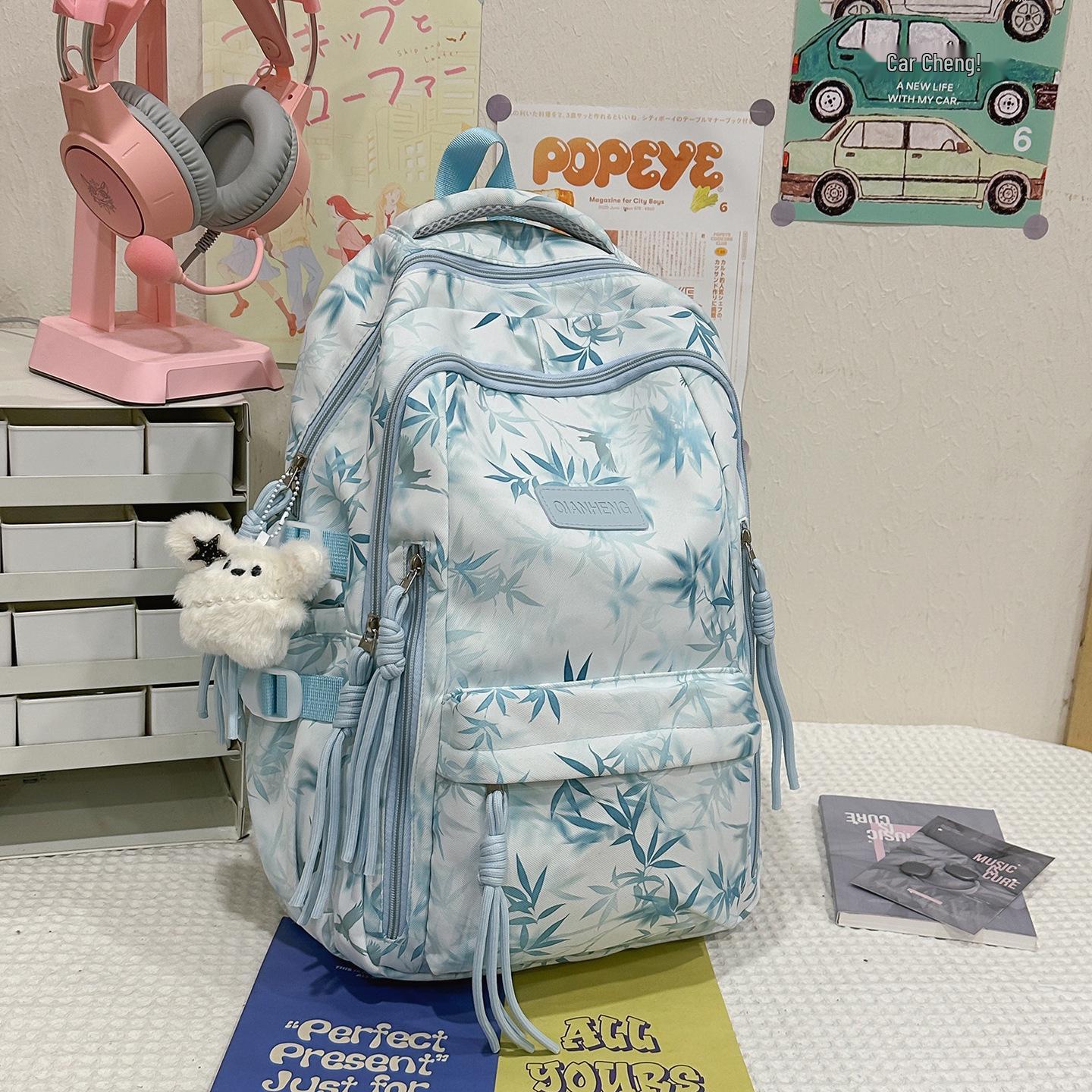 

Chinese Ink Wash Maple Leaf Print Backpack for Students - Lightweight, Large, Ideal for Middle/High School & College Travel. Backpack Only, No Pendant синій