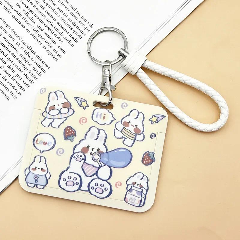 Horizontal Cute Cartoon Push Pull Card Covers Bus Card Sleeve Game Cards Case Credit Card Holder Lanyard Work Permit Holder