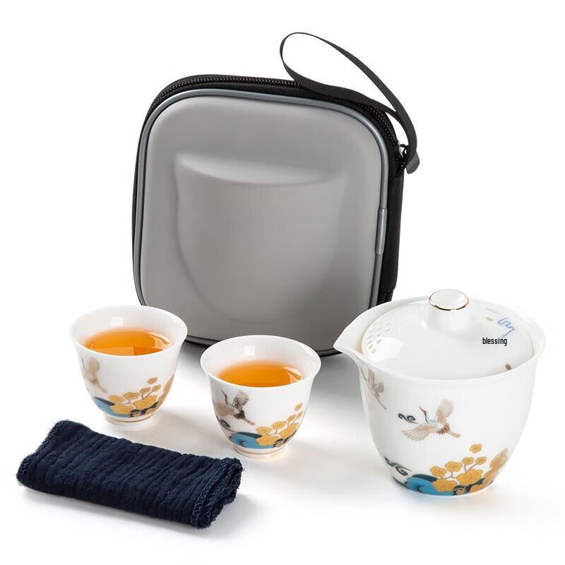 Portable Ceramic Kung Fu Tea Set - Floral Crane Design