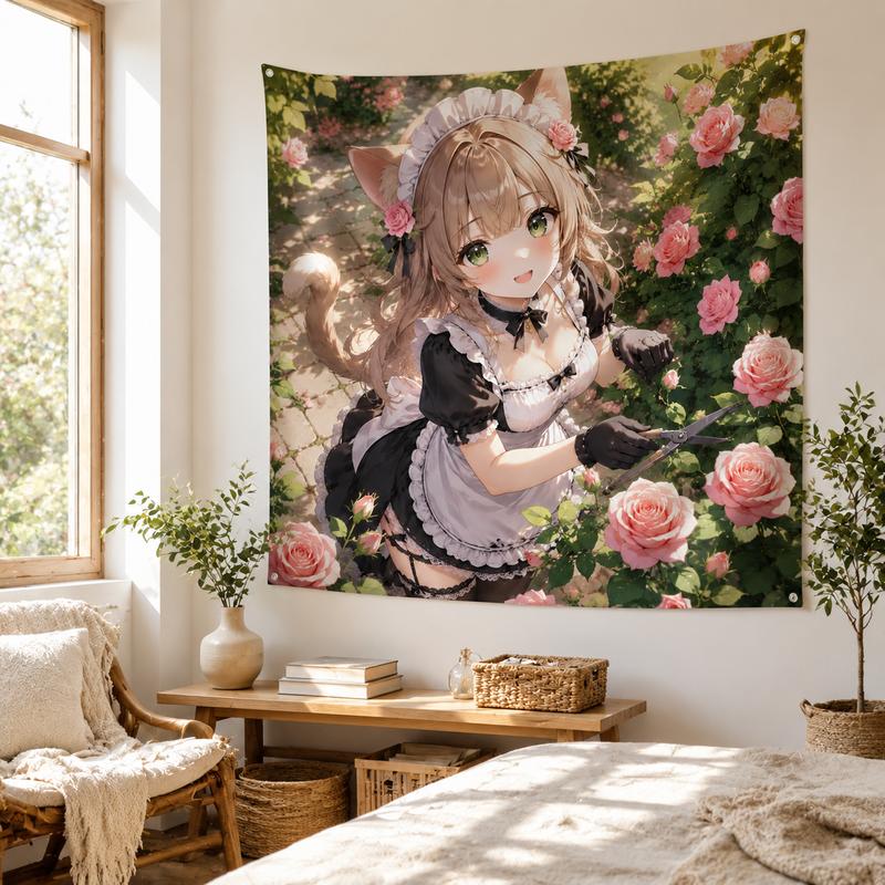 Cute Cat Maid Anime Wall Tapestry Sweet Pastel Style Teen Room Dorm Gaming Room Living Room Hanging Cloth Decor
