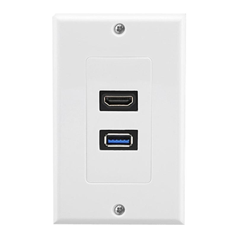 HDMIs USB3.0 Wall Plate USB3.0 Charger HDMIs Port Receptacle for Charging Supports 4K Ethernet Face Plate Office Setups