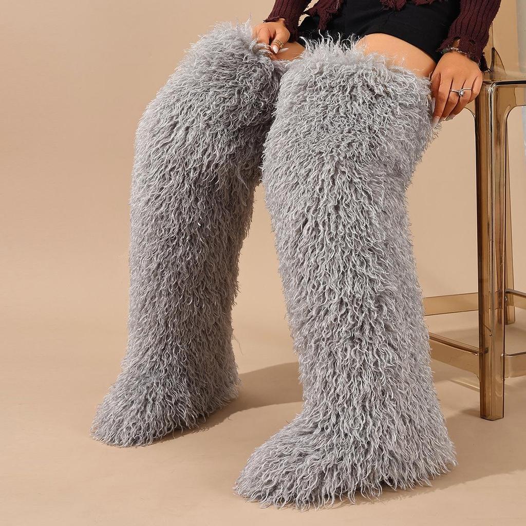 European-American 72cm Faux Tibetan Sheep Fur Thigh-High Snow Boots for Autumn & Winter