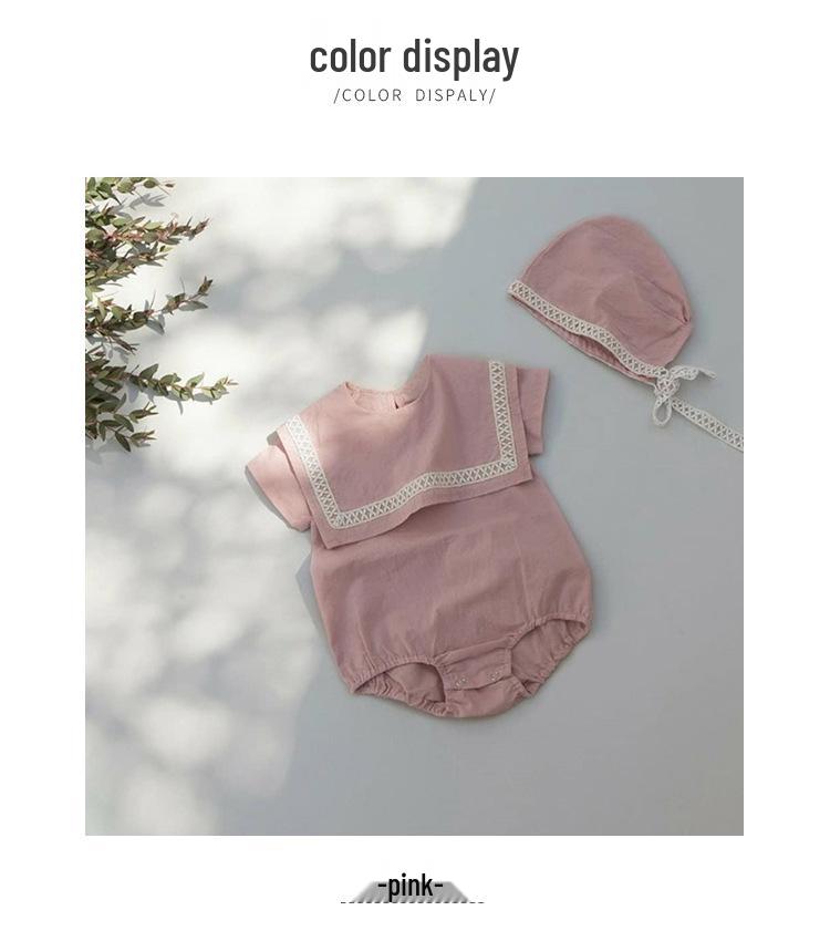 2024 Léto Velký Límec Krajka Bavlna Dětský Romper a Klobouk Set