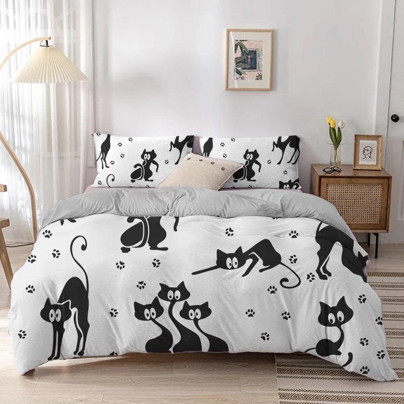 Cartoon Cat Duvet Cover Set Cartoon Animal Print Bedding Set With Pillowcase 2/3Pcs Comforter Cover For Bedroom Decor