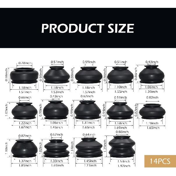 14PCS Tie Rod Boot, Tie Rod End Boot, Rubber Dust Cap Tie Rod End Kit, Ball Joint Boot Replacement Suitable To Most Vehicle (Black)