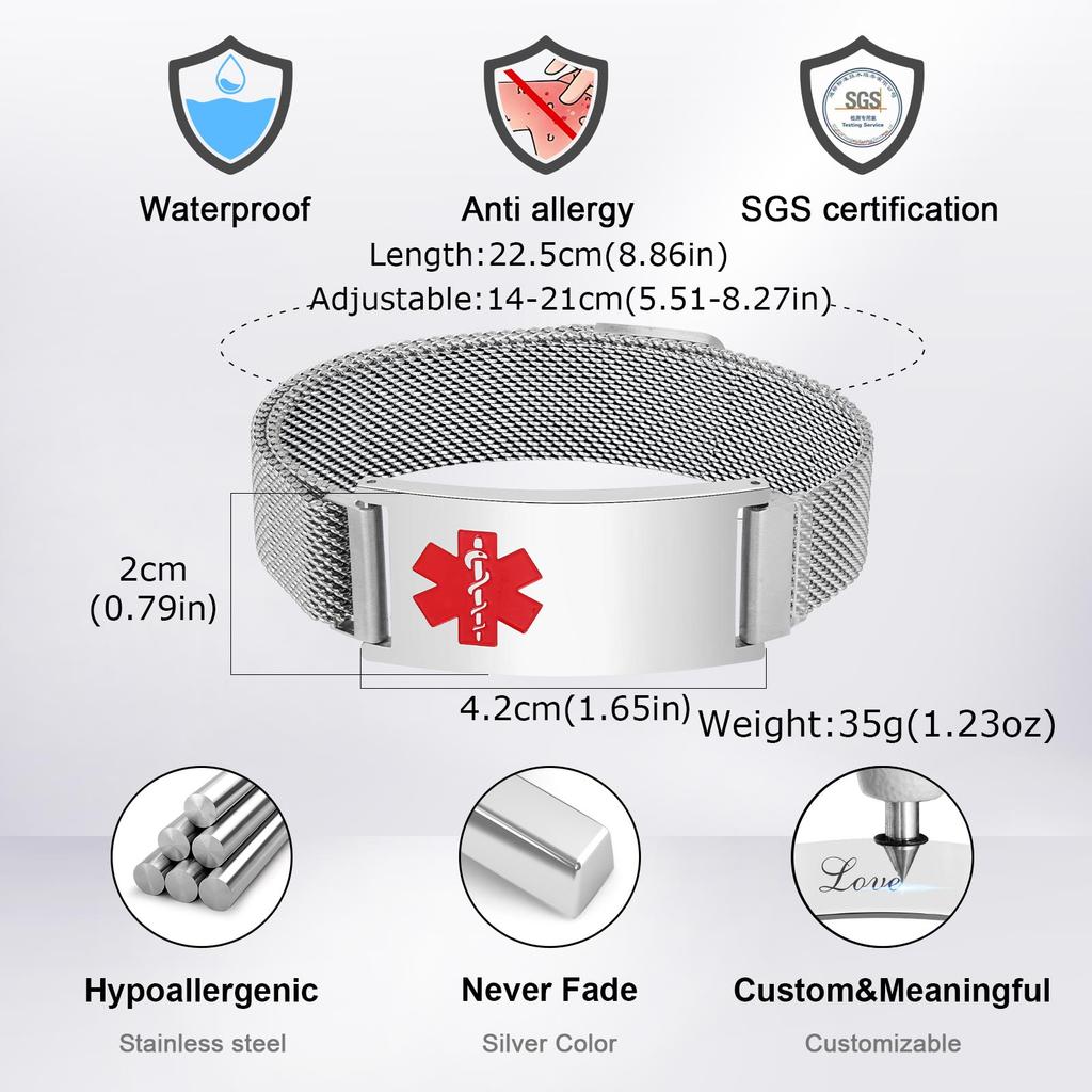 Medical ID Bracelets for Adults, Stainless Steel Bracelet,Waterproof Jewelry Gift