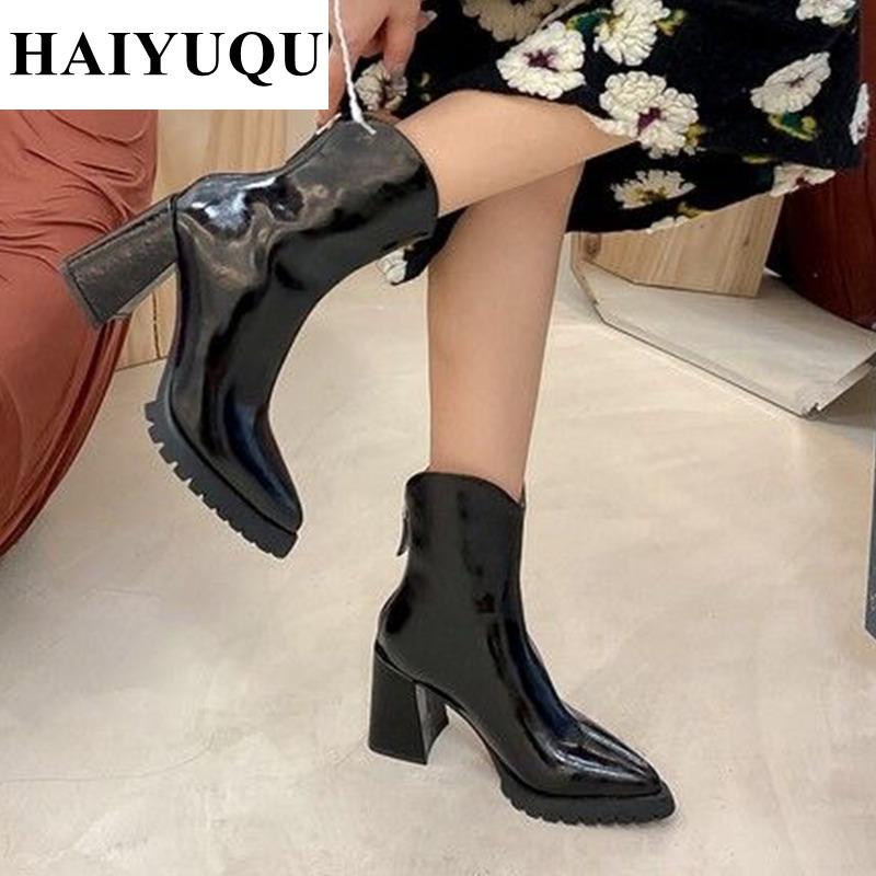 Pointed Toe High Heels Women Chelsea Ankle Boots Leather Shoes  Winter New Retro Snow Boots Goth Gladiator Pumps Botas Mujer