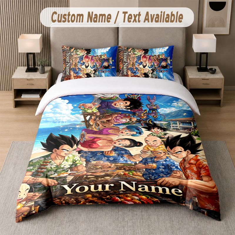Dragon Ball 3Pcs Bedding Set, Personalized Custom Name Text, 1 Duvet Cover & 2 Pillowcases For Bedroom