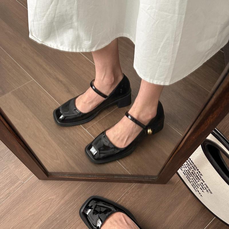 Women's Square Head Shallow Mouth Splicing A Word with Anti-slip Wear-resistant High Heels Spring New Coarse Heel Shoes