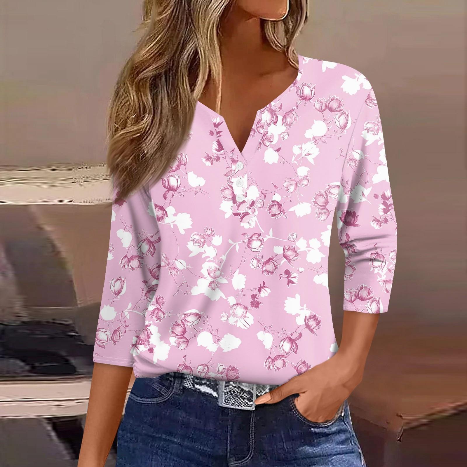 

Women s T Shirt Tee Print Button 3/4 Sleeve Daily Weekend Fashion Basic V- Neck Regular Top L рожевий