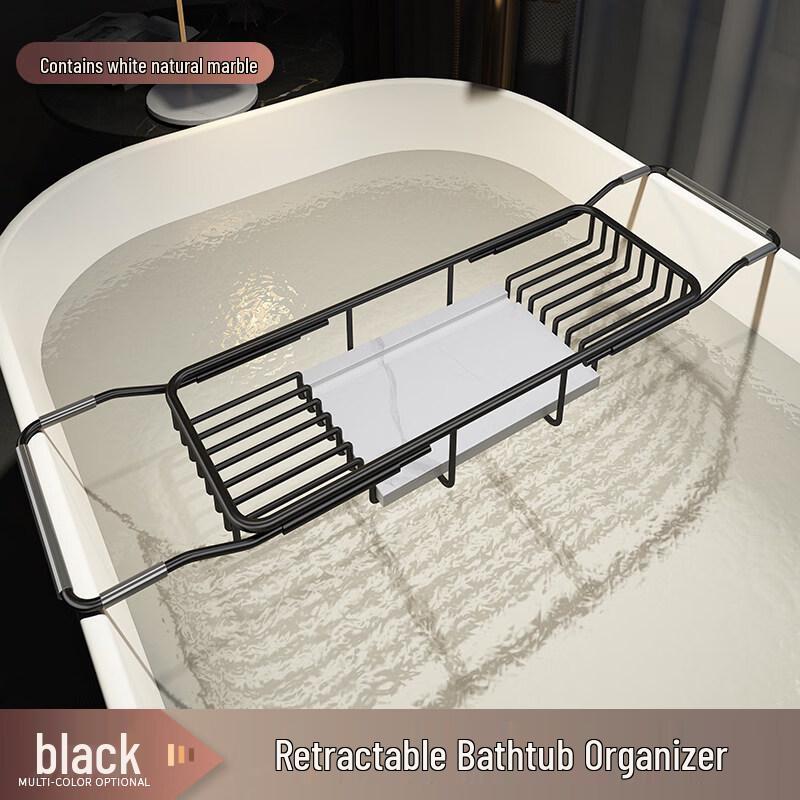 TLXT Black Bathtub Caddy with White Marble Top