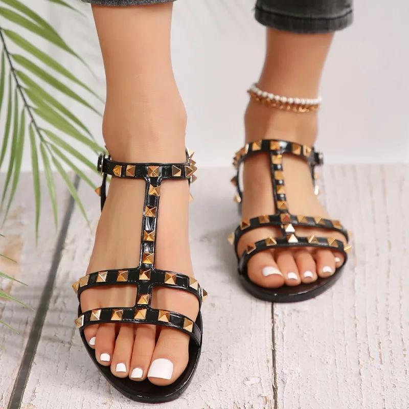 Fashion 2025 Fashion Ladies Shoes Open Toe Women's Sandals Summer Casual New Rivet Best Seller Comfortable Flat Sandals Zapatos Mujer