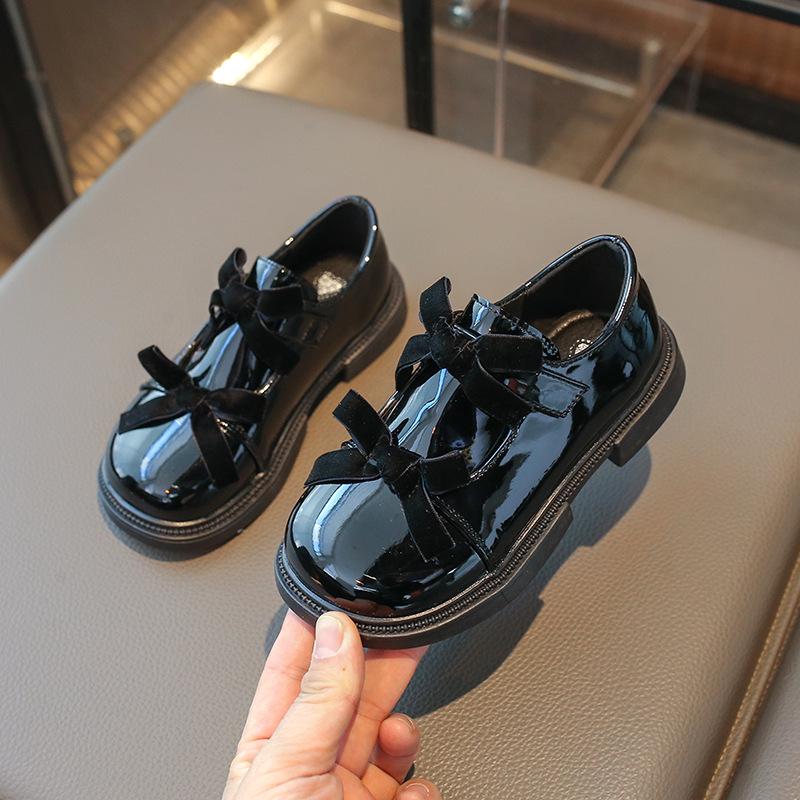 Korean Style Mirror Finish Girl's Leather Loafers with Double Bows - Spring 2026 Princess Shoes