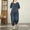 Pan Buckle Denim Suit for Middle-aged Elderly Women Summer Retro Embroidery Loose Two-piece Set